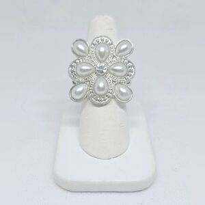 Vintage Faux Pearl Cluster Stretch Ring Silver Tone Adjustable